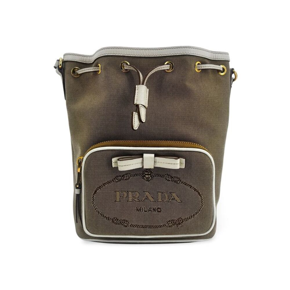 Prada Logo Jacquard Ribbon Canvas Bucket Bag Brown White